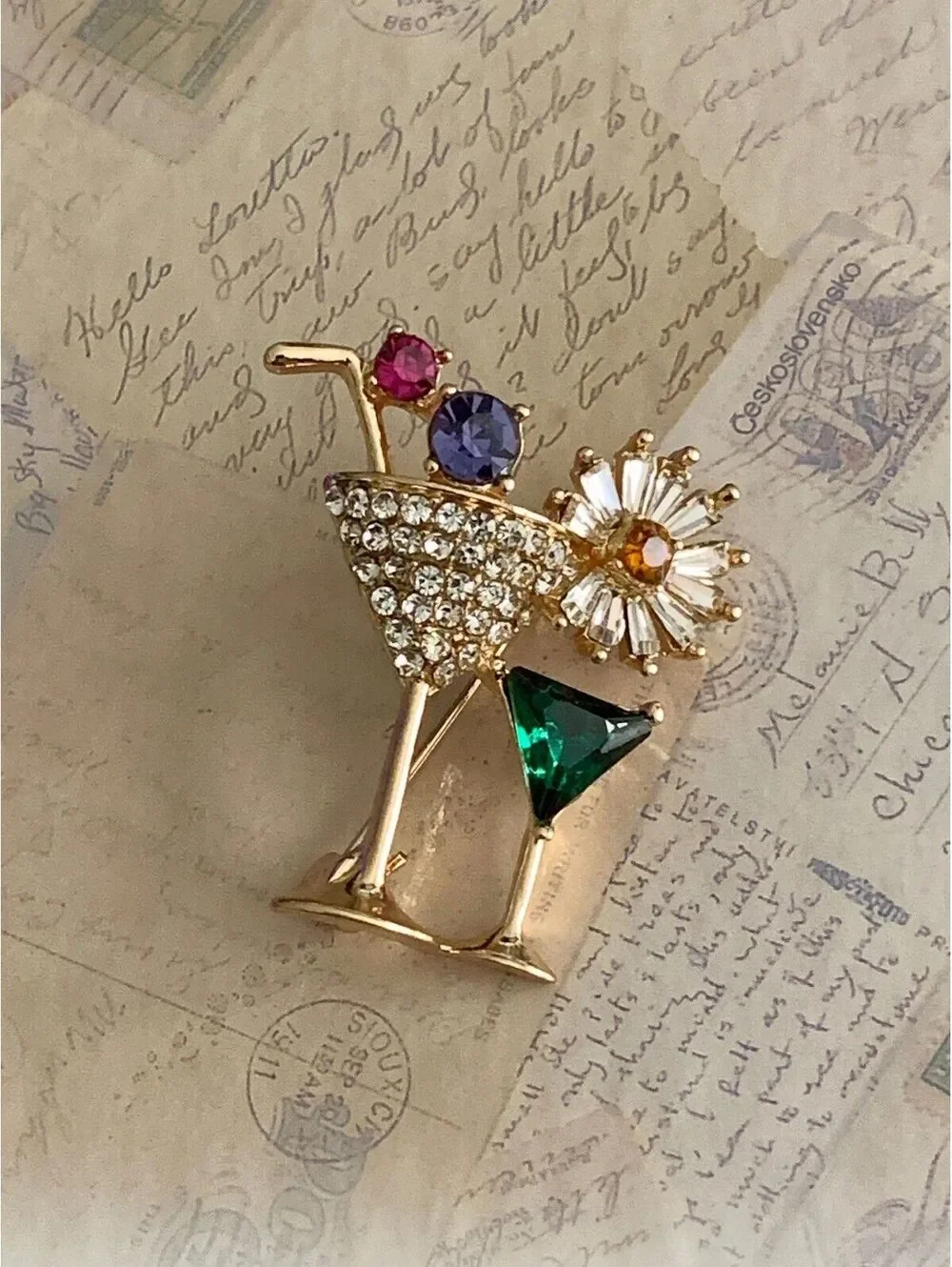 Glam Cocktail Party Brooch with Sparkling Rhinestones & Colorful Gems